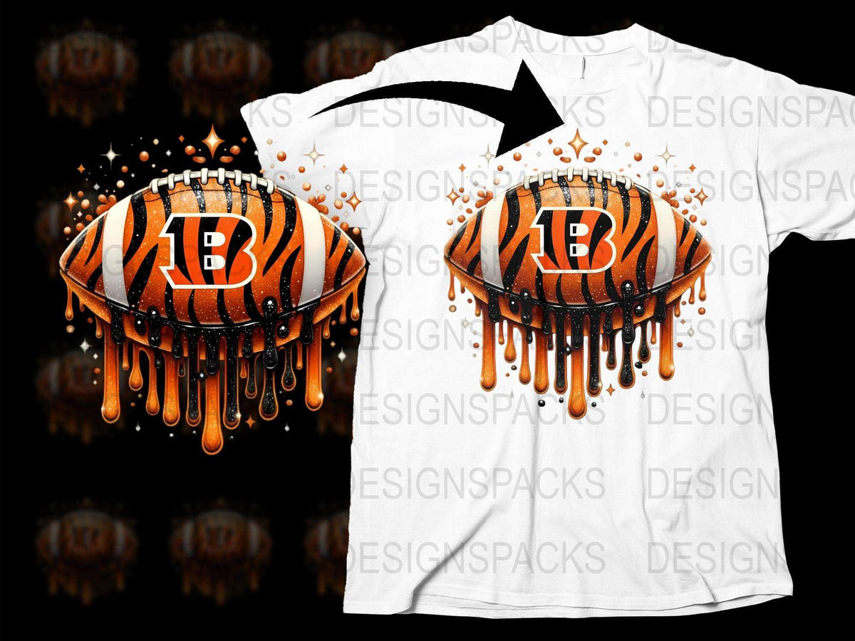 Unique Dripping Tiger Stripe Football Graphic T-Shirt, Bold Orange Black Sports Tee