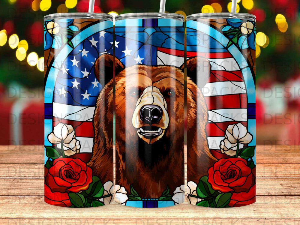 Bear's face with American flag, roses, and stained-glass border.
