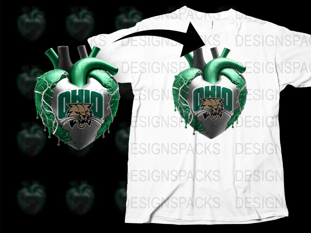 Ohio Bobcats Heart Graphic T-Shirt, Green and Black Sports Fan Tee, College Team Apparel, Unique Design Top