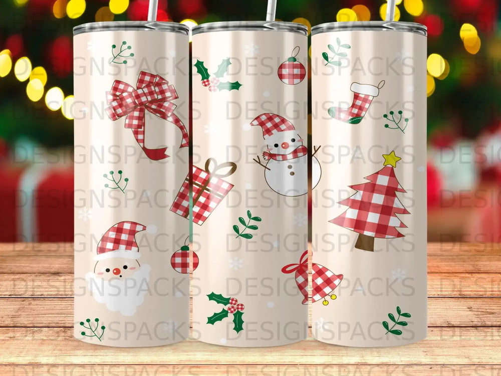 Three tumblers with festive Christmas patterns: snowman, ornaments, and plaid.