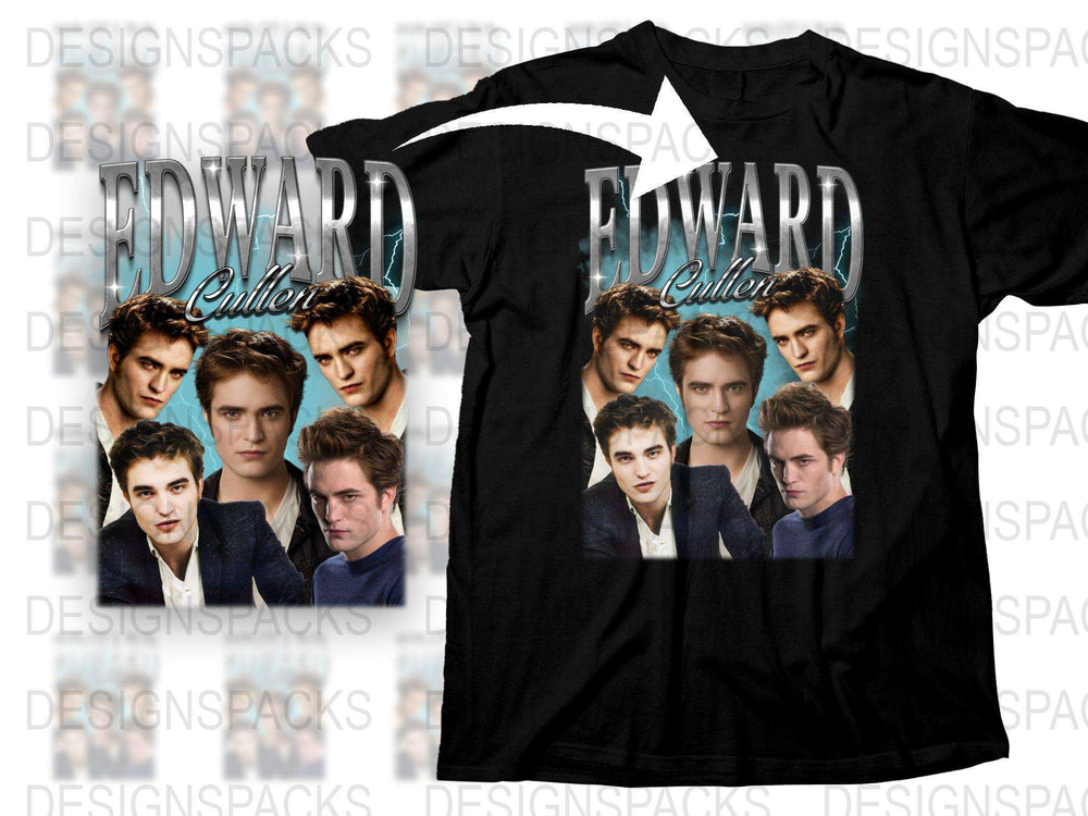 Edward Cullen Twilight Inspired Graphic T-Shirt, Vampire Movie Fan Merch, Unisex Black Cotton Tee with Character Collage Design