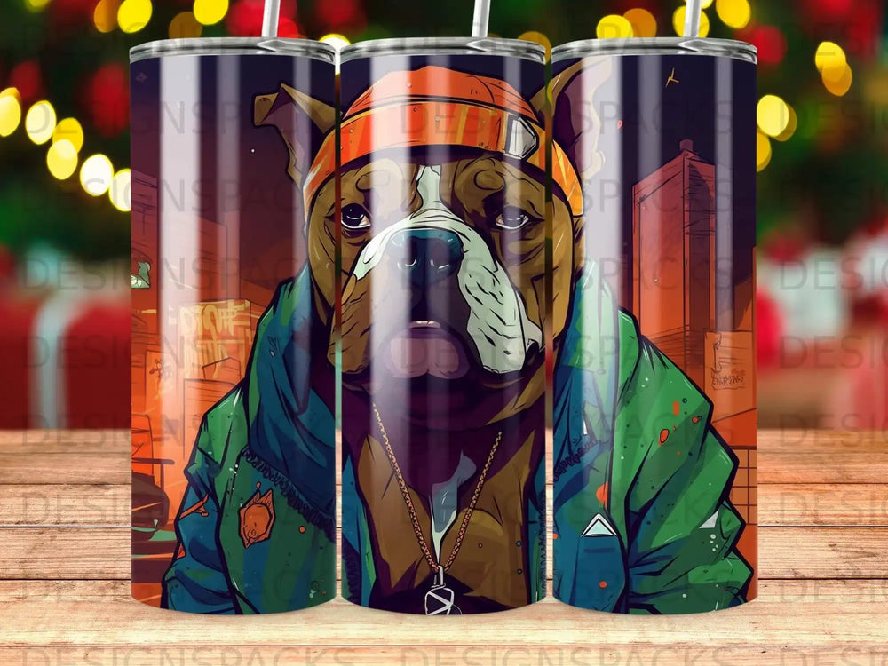 Bulldog wearing a beanie, hoodie, and necklace against a cityscape.