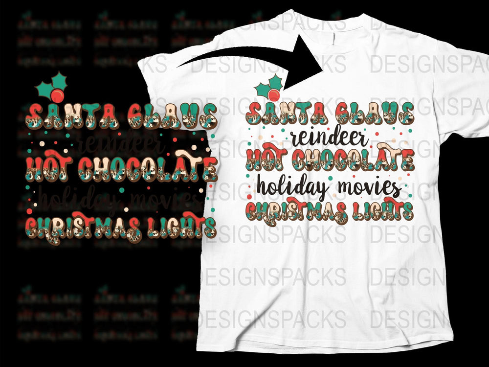 Christmas Holiday T-Shirt Santa Claus Reindeer Hot Chocolate Movies Lights Tee
