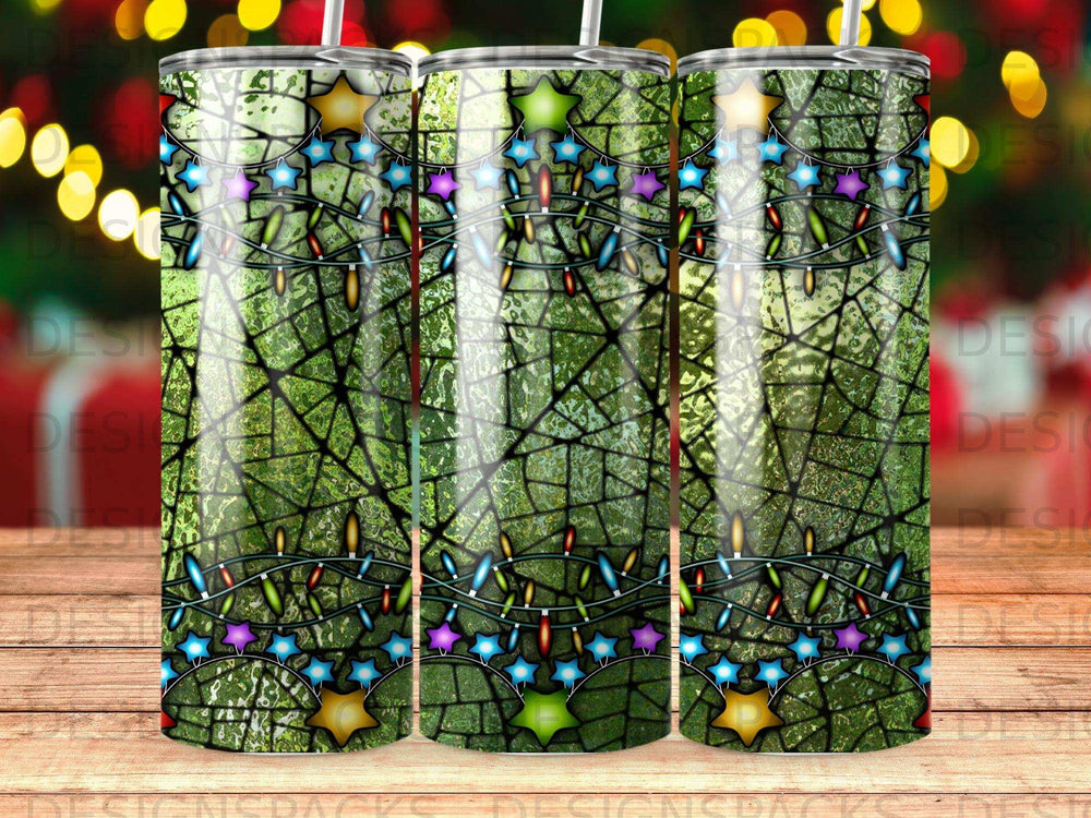 Green stained glass tumbler with colorful Christmas lights and stars.