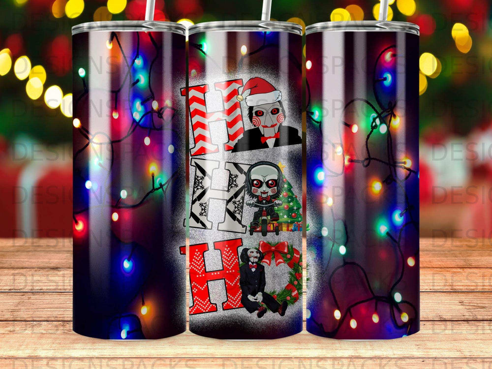 Tumbler with "Ho Ho Ho" text, Jigsaw puppet, and Christmas lights.