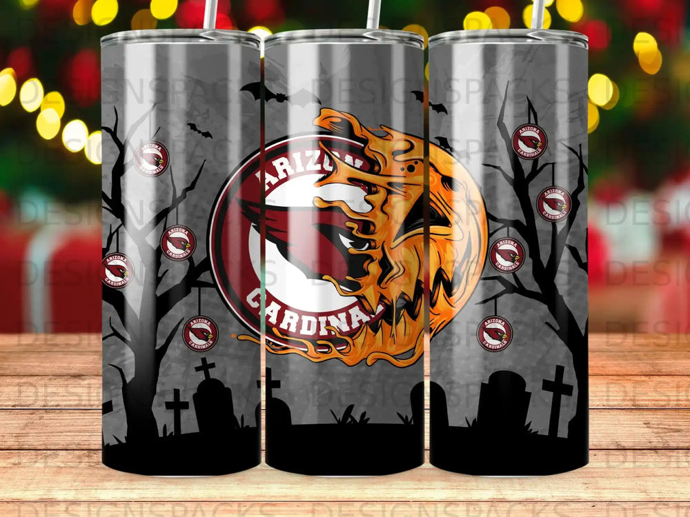 Arizona Cardinals logo on a spooky Halloween-themed tumbler with gravestones and trees.