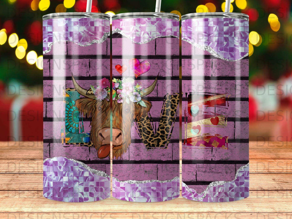 Highland cow with "love" text and floral wreath on purple distressed background.