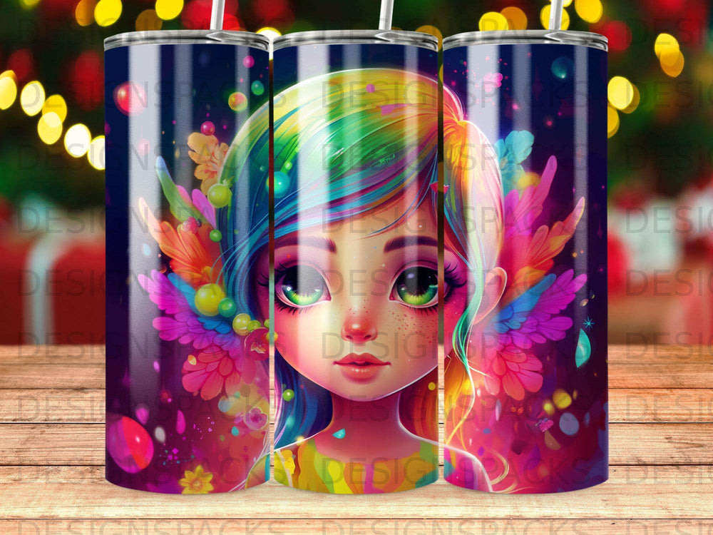 Colorful tumbler with a whimsical anime-style girl and abstract floral accents.