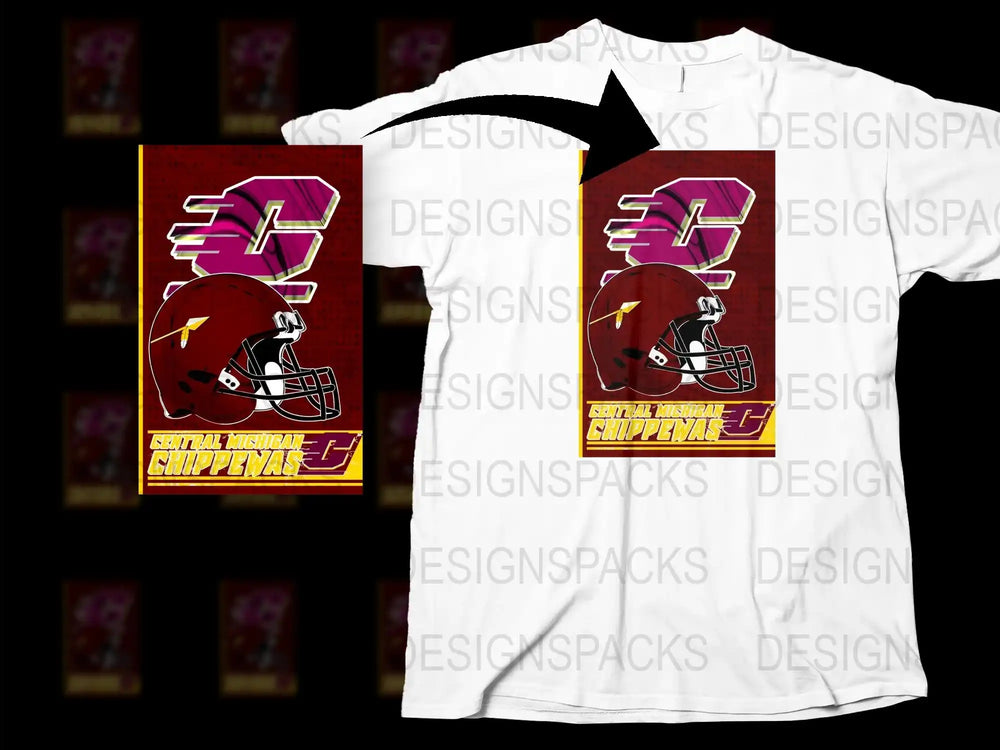 Central Chippewas Football Helmet Graphic T-Shirt, Maroon and Gold, Sports Fan Apparel, Custom Team Support Shirt