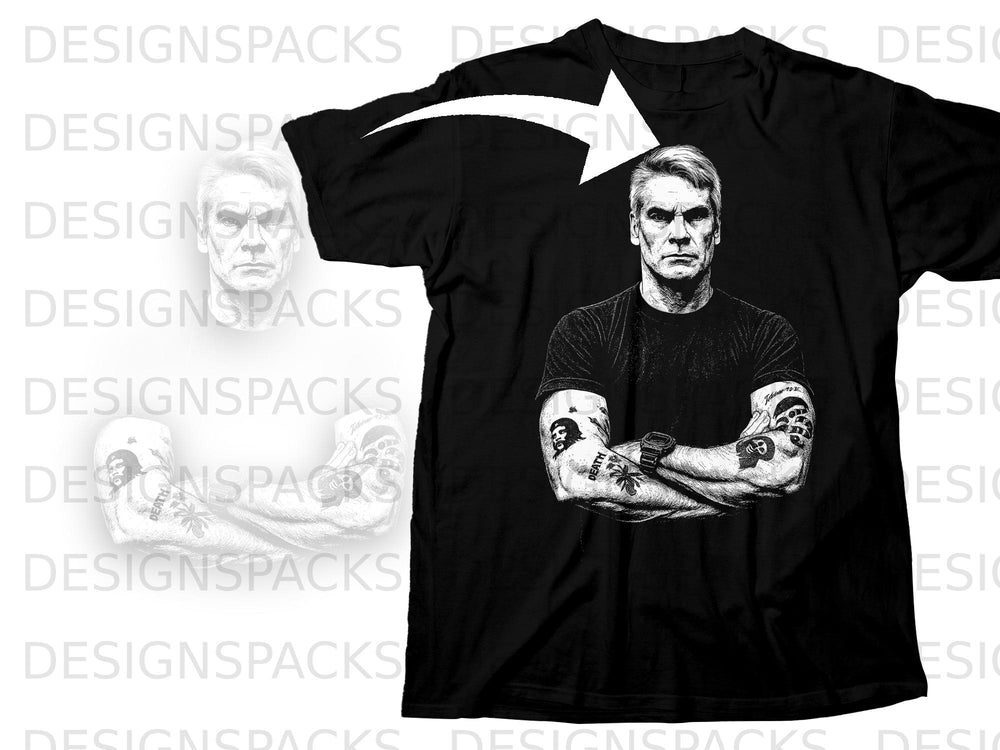 Black t-shirt with a detailed black and white graphic of a man's head and arms.