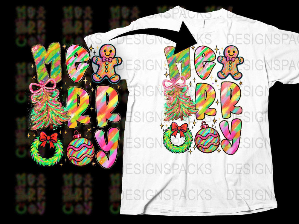 Colorful Merry Christmas T-Shirt, Festive Holiday Tee with Gingerbread and Ornaments Design