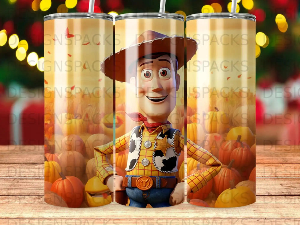 Toy Story's Woody character on a tumbler with pumpkins.