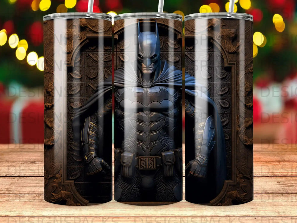 Batman in a textured, dark suit stands against a wooden background with bokeh lights.