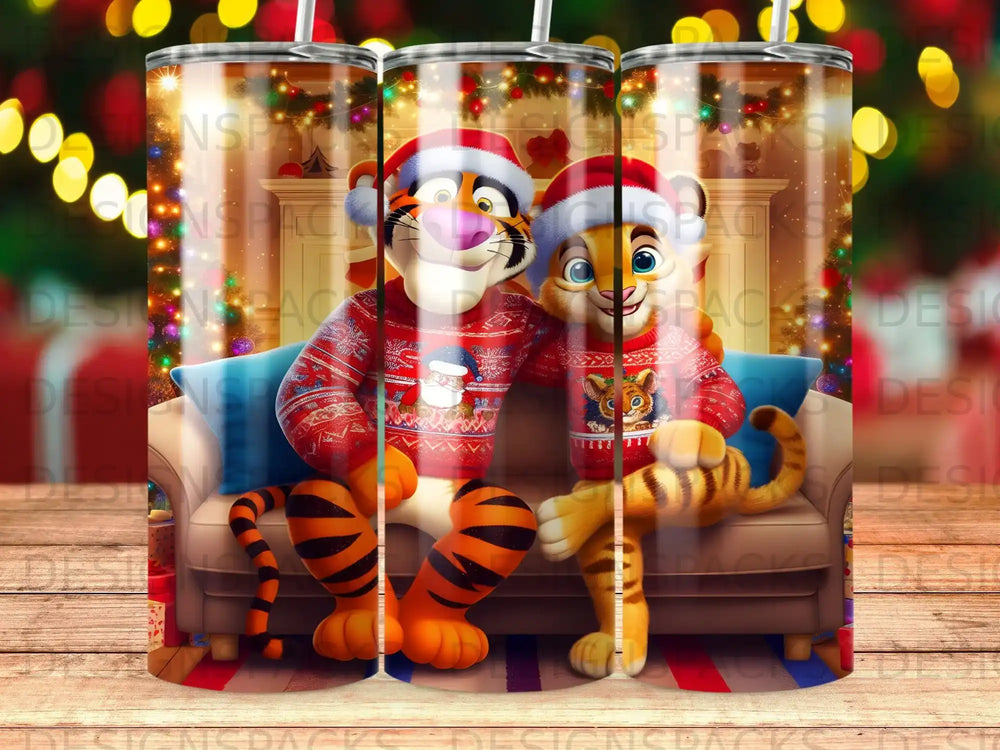 Tigger and Pooh in Christmas sweaters on a couch with festive background.