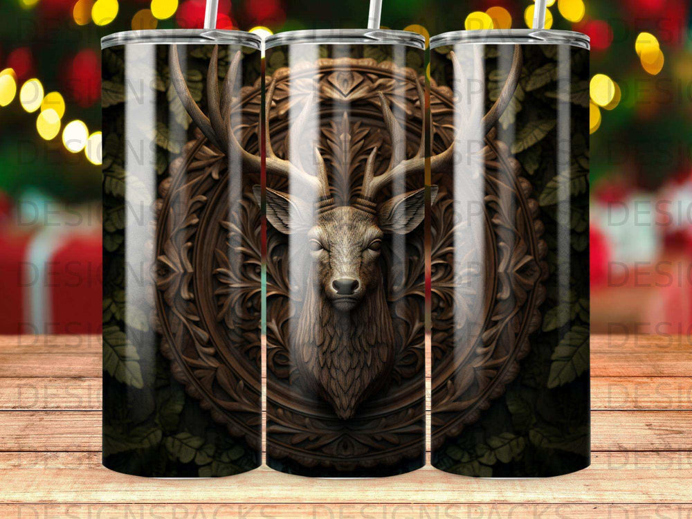 Deer head with ornate wood carving and forest foliage pattern on a tumbler.