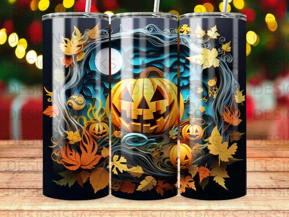 Jack-o'-lantern surrounded by autumn leaves and branches on a black background.