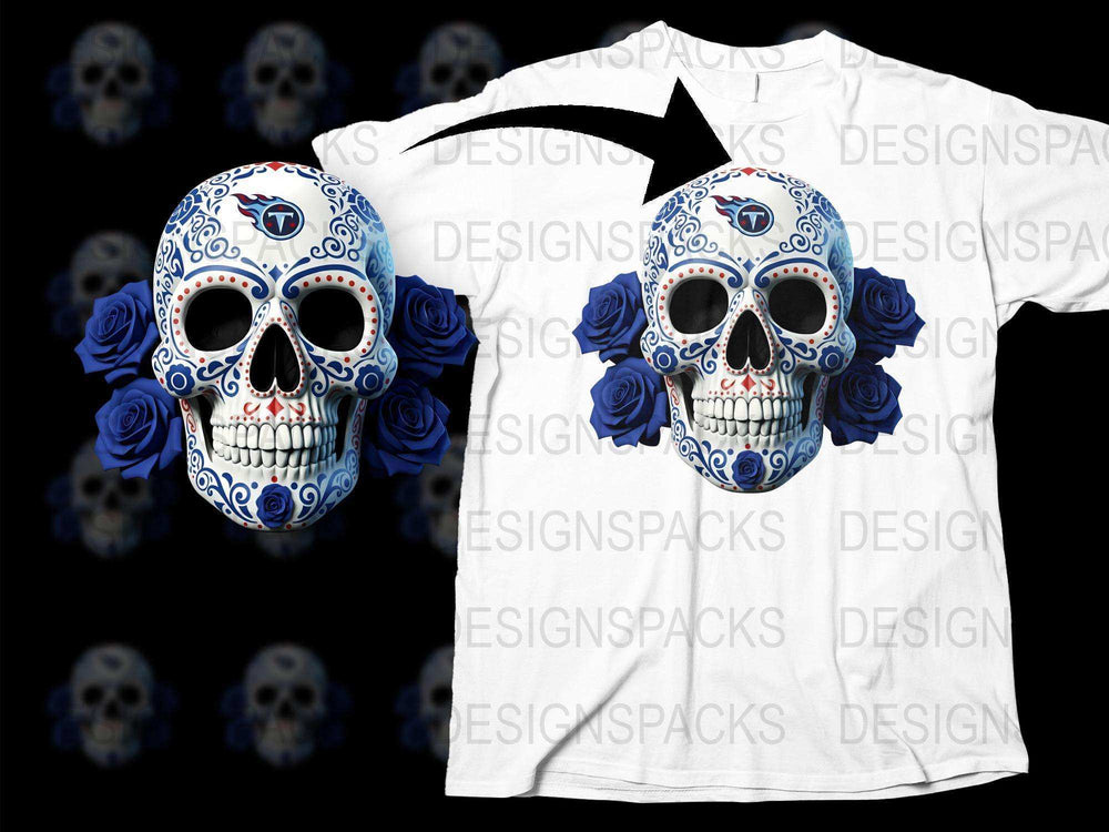 Day of the Dead Sugar Skull T-Shirt, Floral Skull Graphic Tee, Blue Roses, Unisex Cotton Shirt