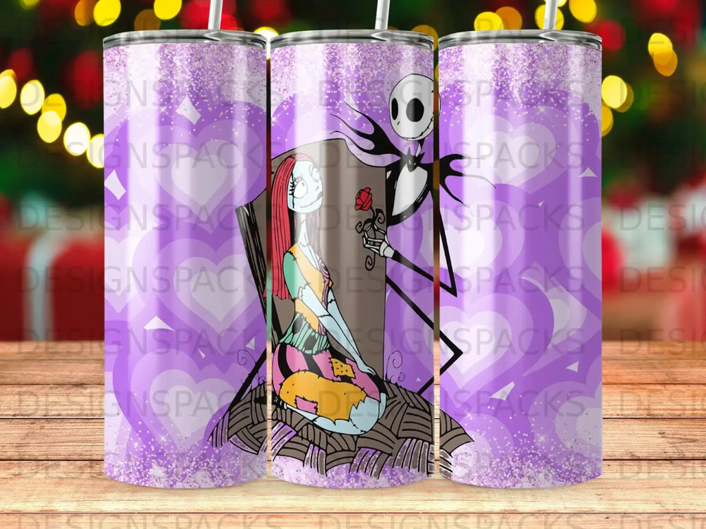 Jack Skellington and Sally from The Nightmare Before Christmas on a purple glitter tumbler.