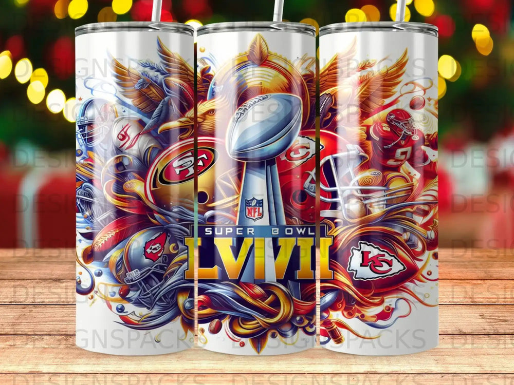 Super Bowl LVII graphic with team logos and football imagery.