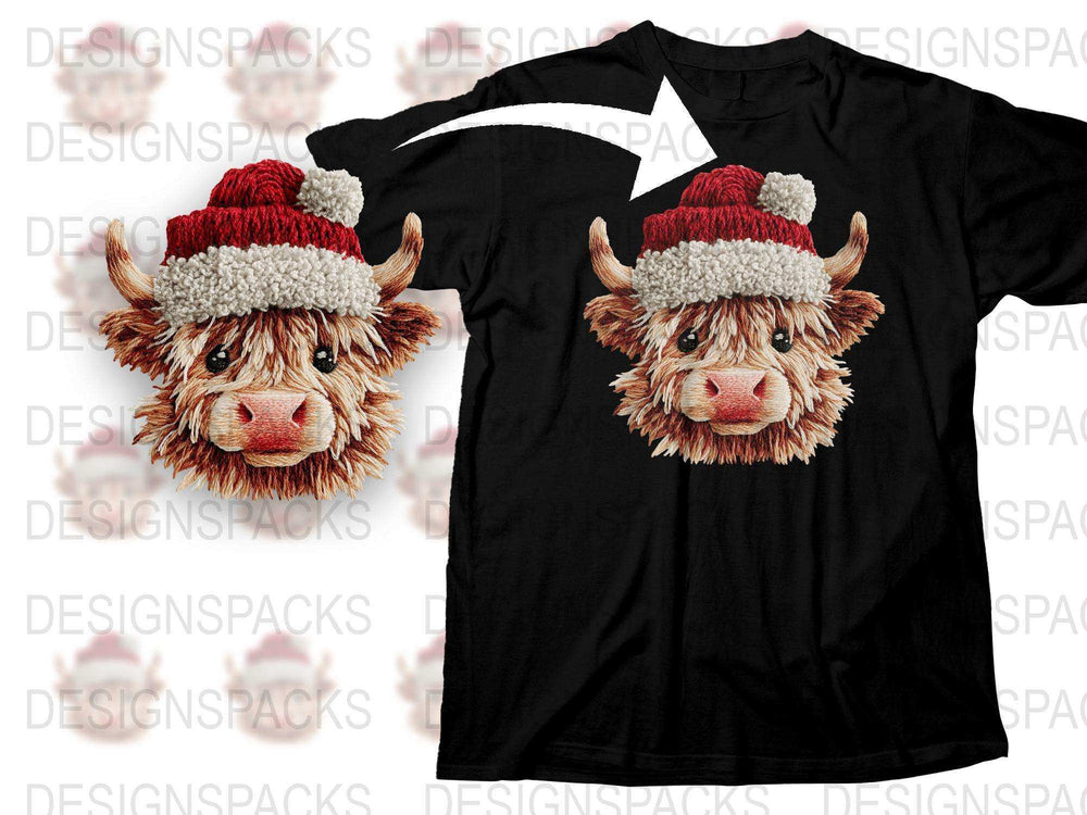 Highland Cow T-Shirt with Red Beanie, Cute Animal Graphic Tee, Unisex Adult Casual Fashion Shirt