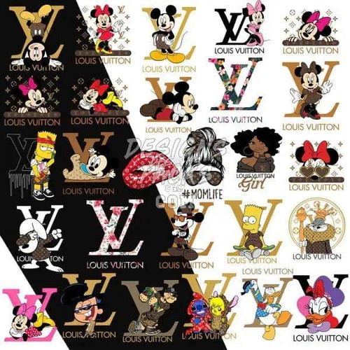 Disney x Louis Vuitton inspired designs bundle for DTF DTG printing, featuring Mickey, Minnie, Bart Simpson & more