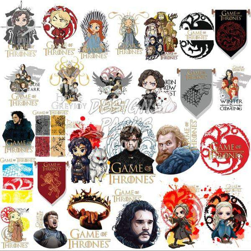 Game of Thrones DTF/DTG designs bundle with characters, houses, and emblems for print-ready PNG, SVG, PES
