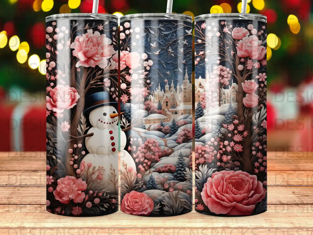 Snowman in snowy landscape with pink flowers and ornate castle.