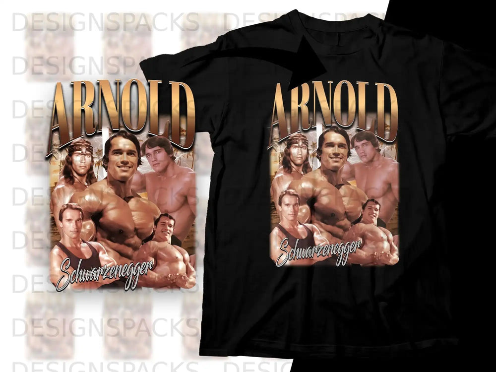 Arnold Schwarzenegger graphic on black t-shirt with metallic gold text.