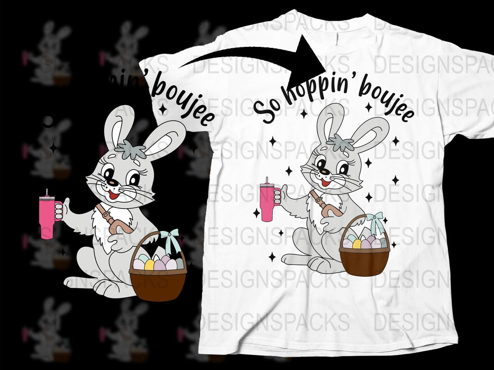 Easter Bunny T-Shirt, So Hoppin' Boujee Graphic Tee, Cute Rabbit with Coffee, Spring Holiday Casual Wear, Fun Easter Gift Idea