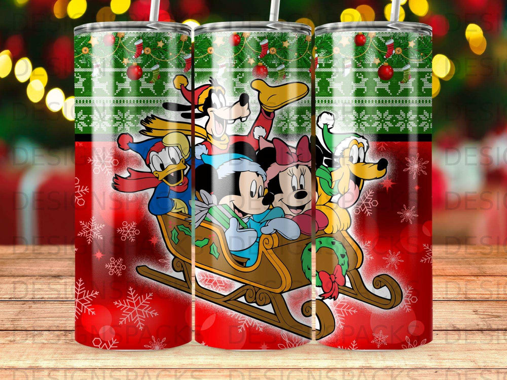 Disney characters in a sleigh with a Christmas and snowflake background.