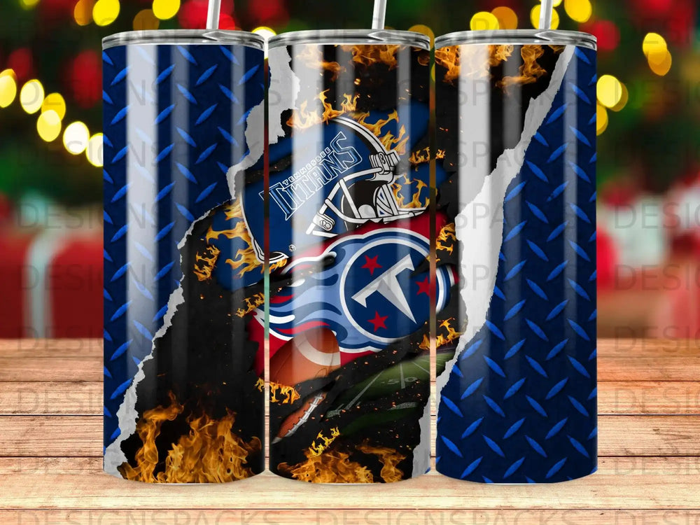 Tennessee Titans logo and football on fiery, torn diamond plate background.