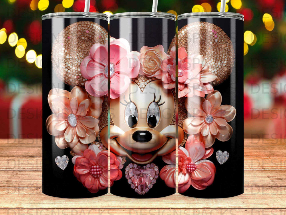 Minnie Mouse face with pink flowers and glitter background on a tumbler.