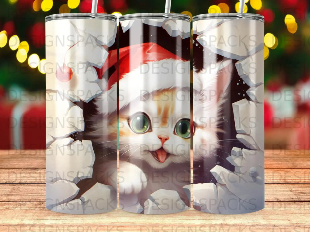 Christmas cat wearing a Santa hat bursts through a cracked wall.