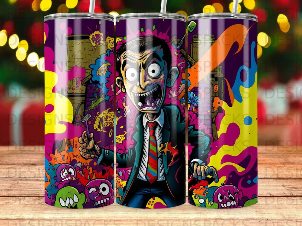 Man with wide eyes and open mouth in colorful, cartoonish, zombie-like scene.