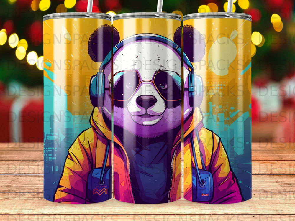 Panda wearing headphones and sunglasses, abstract cityscape background, on a tumbler.