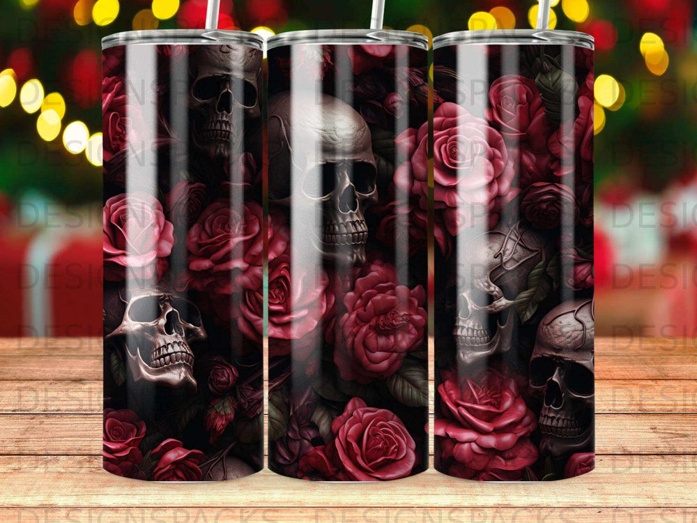 Skulls and dark red roses on a tumbler wrap design.