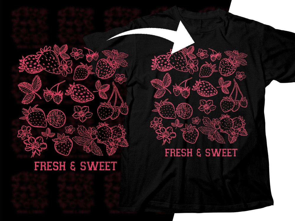 Black t-shirt with pink strawberry and cherry design, 'Fresh & Sweet' text, print-ready graphic