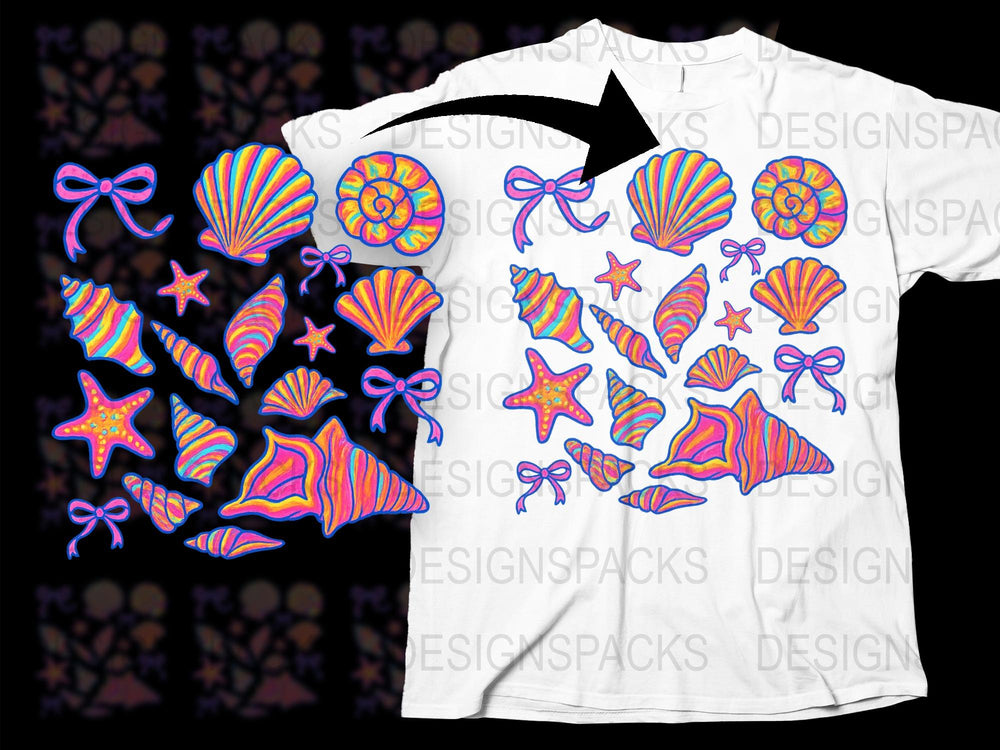 Colorful Marine Life T-Shirt, Ocean Theme Starfish and Shells, Vibrant Summer Beach Apparel, Unisex Graphic Tee Design