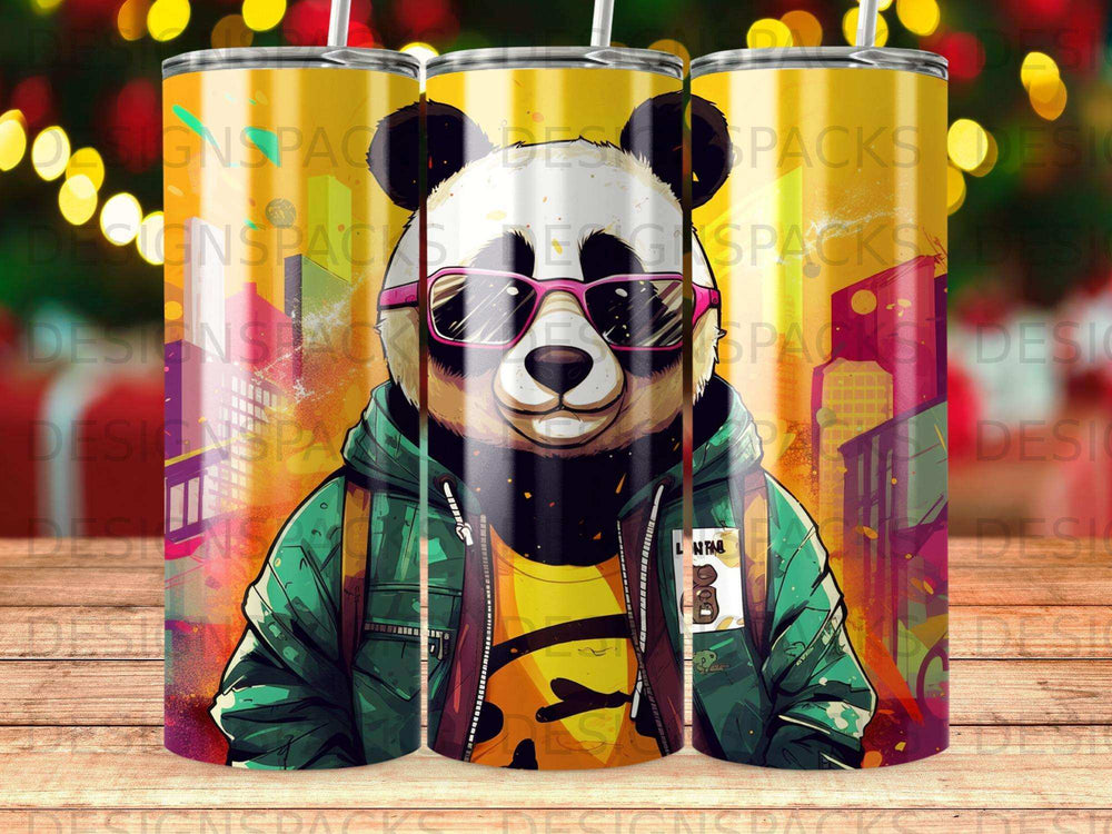 Panda wearing sunglasses and a jacket, holding a phone, on a yellow background.