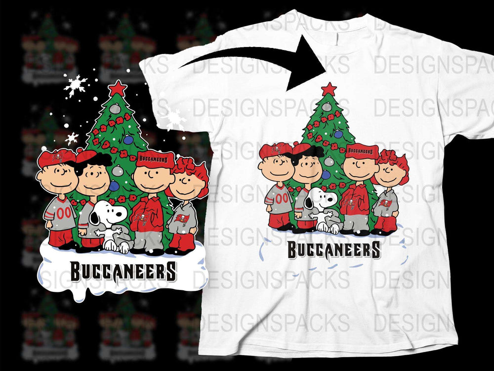 Buccaneers Christmas T-Shirt, Peanuts Cartoon Characters, Holiday Tee, Customizable Family Shirts, Festive Apparel