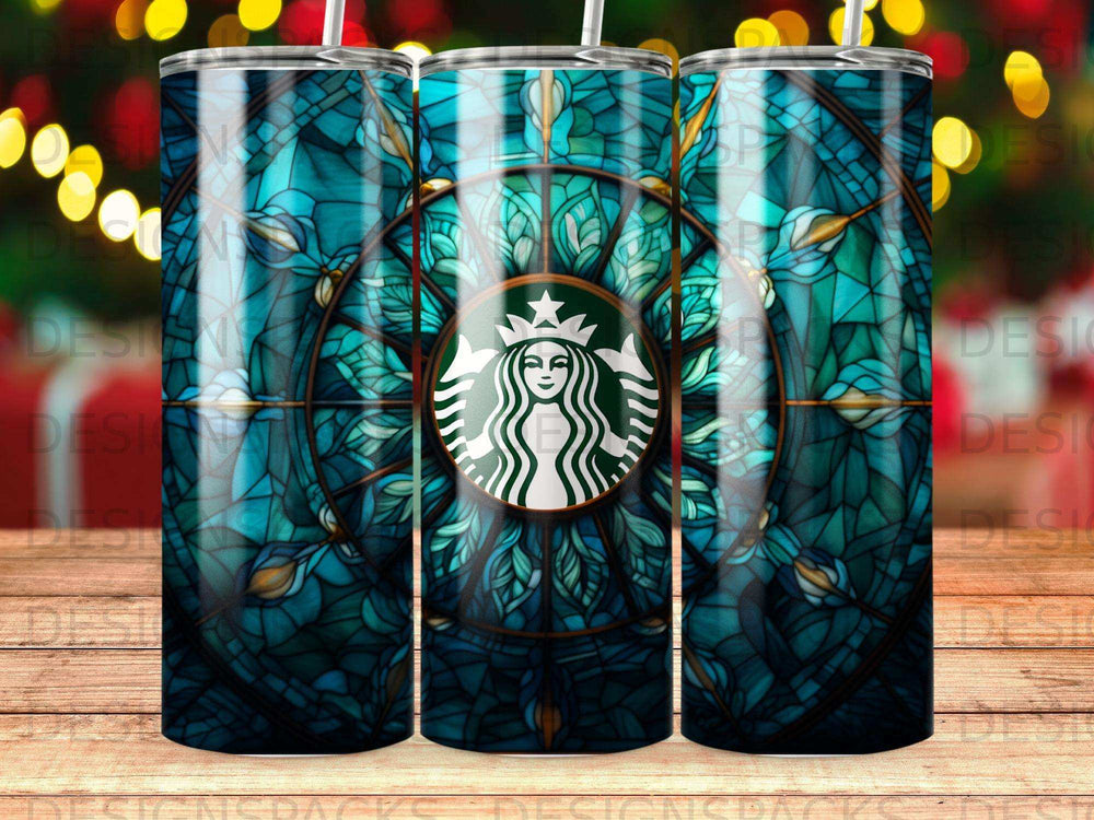 Starbucks logo on a stained glass-style tumbler with a bokeh background.