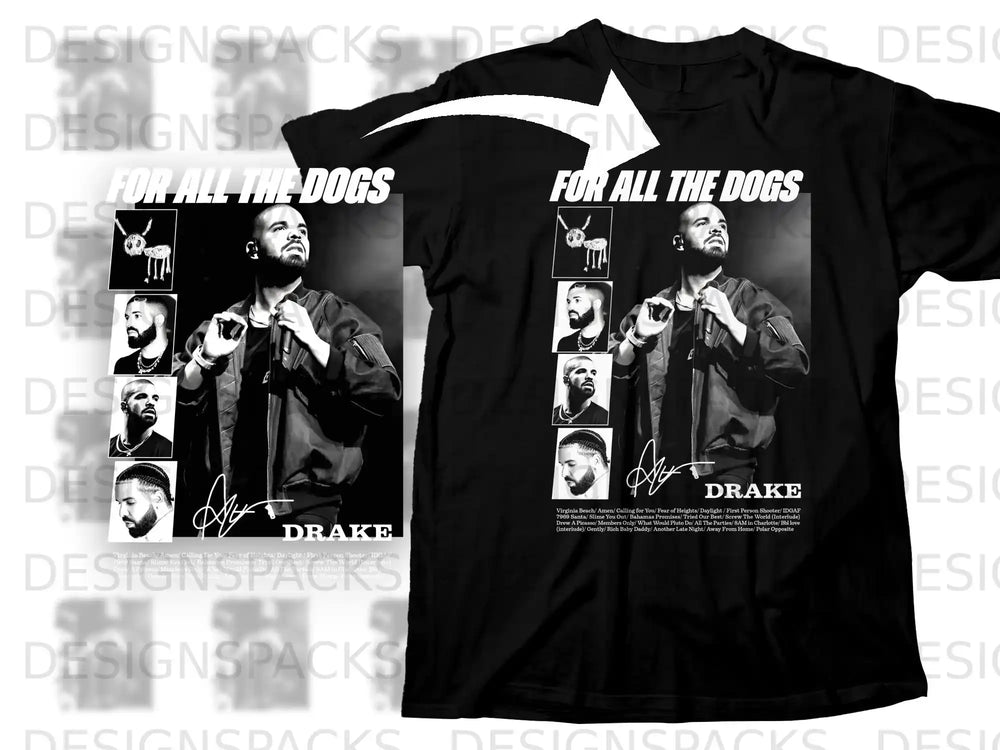 Black t-shirt with "Drake For All The Dogs" album art and tracklist.