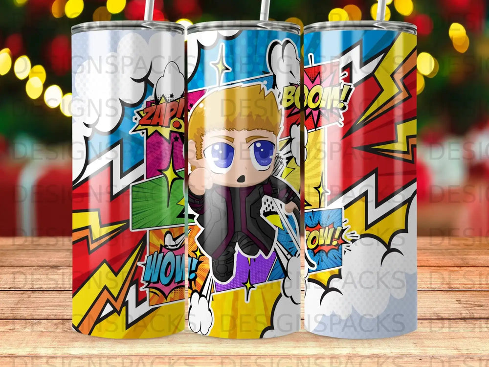 Chibi Avenger character in action poses against colorful comic book panels.