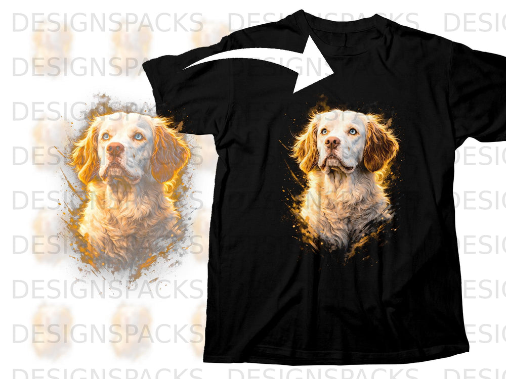 Black t-shirt with a golden retriever dog portrait graphic and abstract paint splatters.