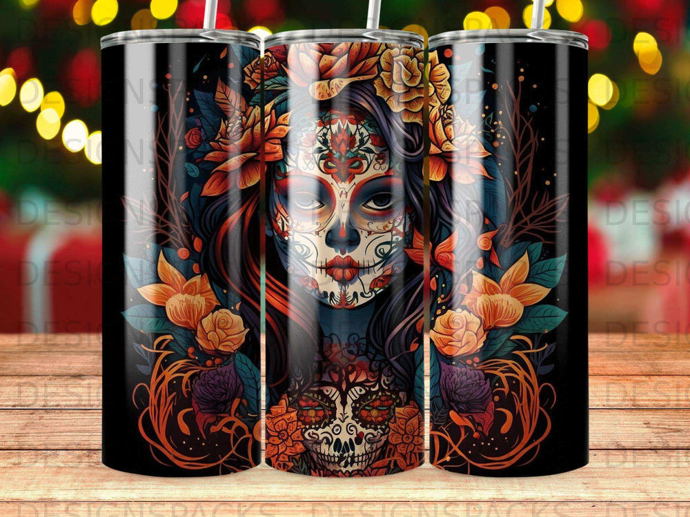 Sugar skull and floral art on a black insulated tumbler.