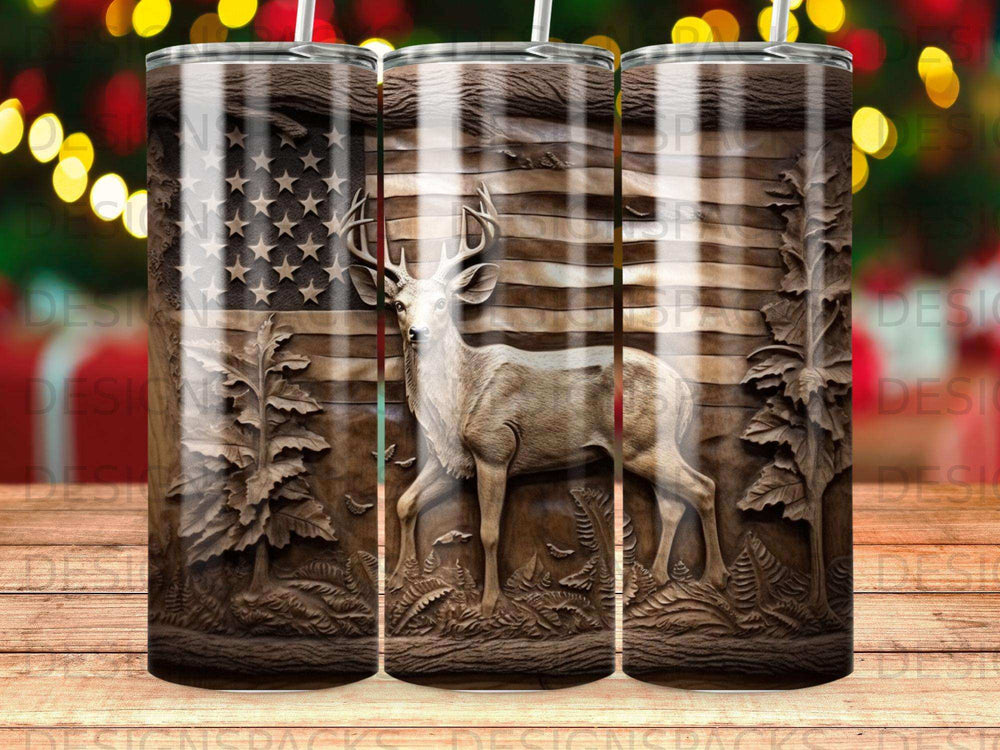 Deer in forest against wood-grain American flag.