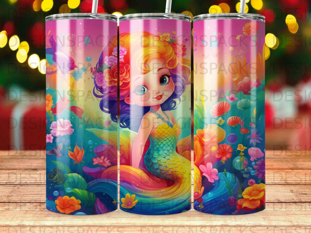 Rainbow mermaid with floral accents on a tumbler.