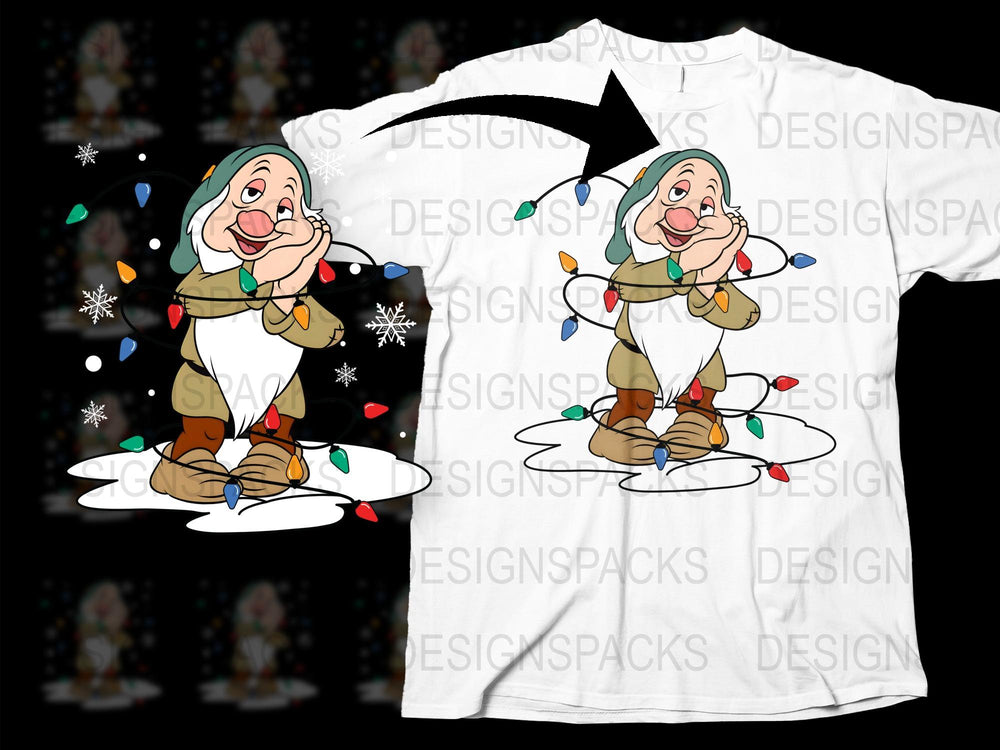 Festive Dwarf Graphic T-Shirt, Colorful Christmas Lights, Snowflakes, Holiday Apparel for All Ages