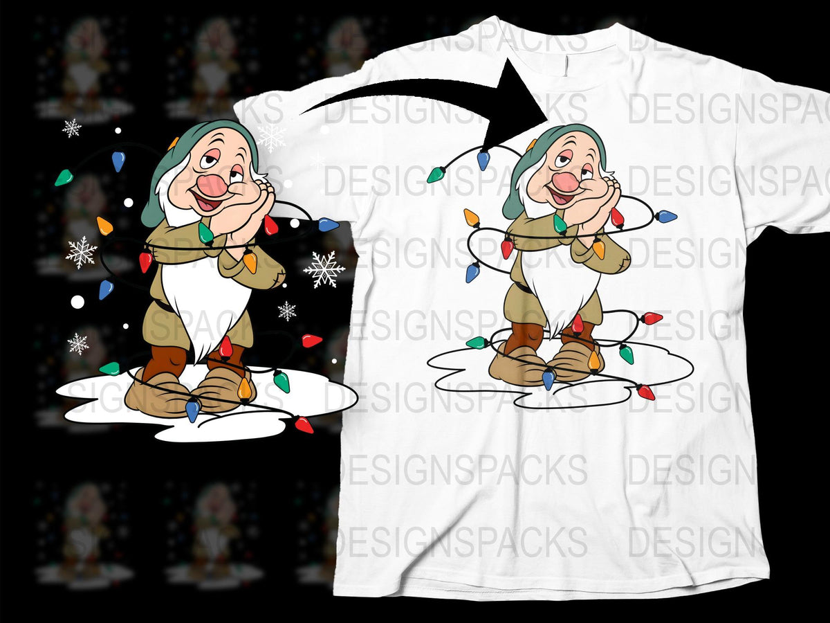 Festive Dwarf Graphic T-Shirt, Colorful Christmas Lights, Snowflakes, Holiday Apparel for All Ages