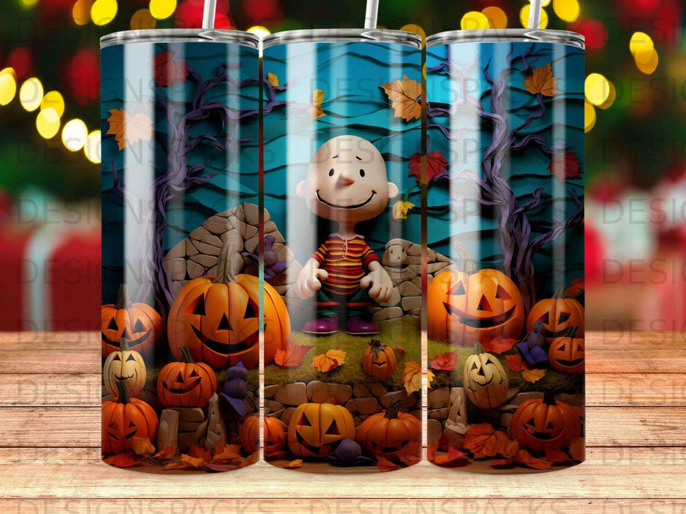 Charlie Brown character with pumpkins and spooky background.